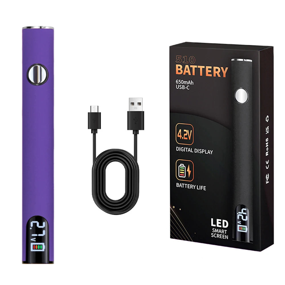 510 Thread Battery Pen Styled 650mAh Battery with USB Charger Cable.