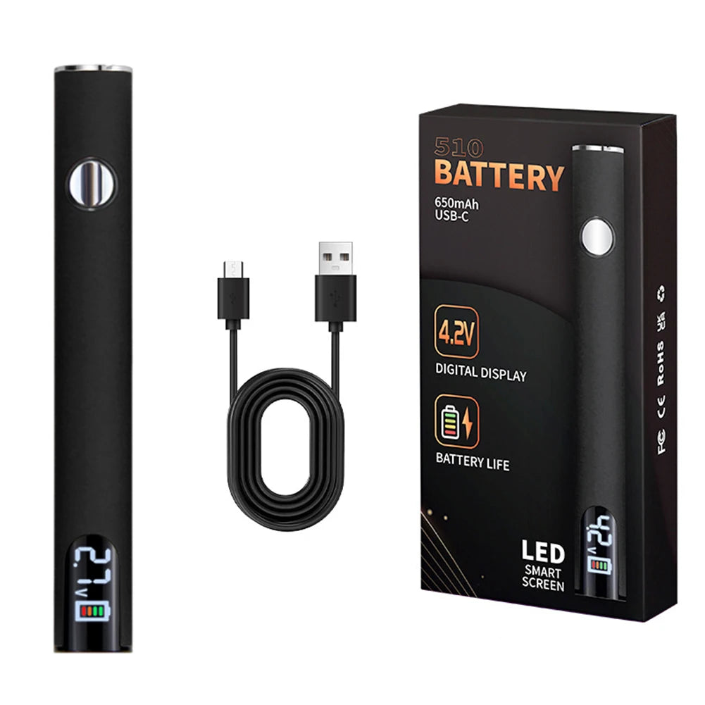 510 Thread Battery Pen Styled 650mAh Battery with USB Charger Cable.