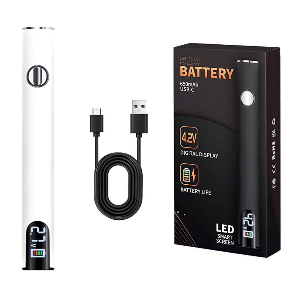 510 Thread Battery Pen Styled 650mAh Battery with USB Charger Cable.